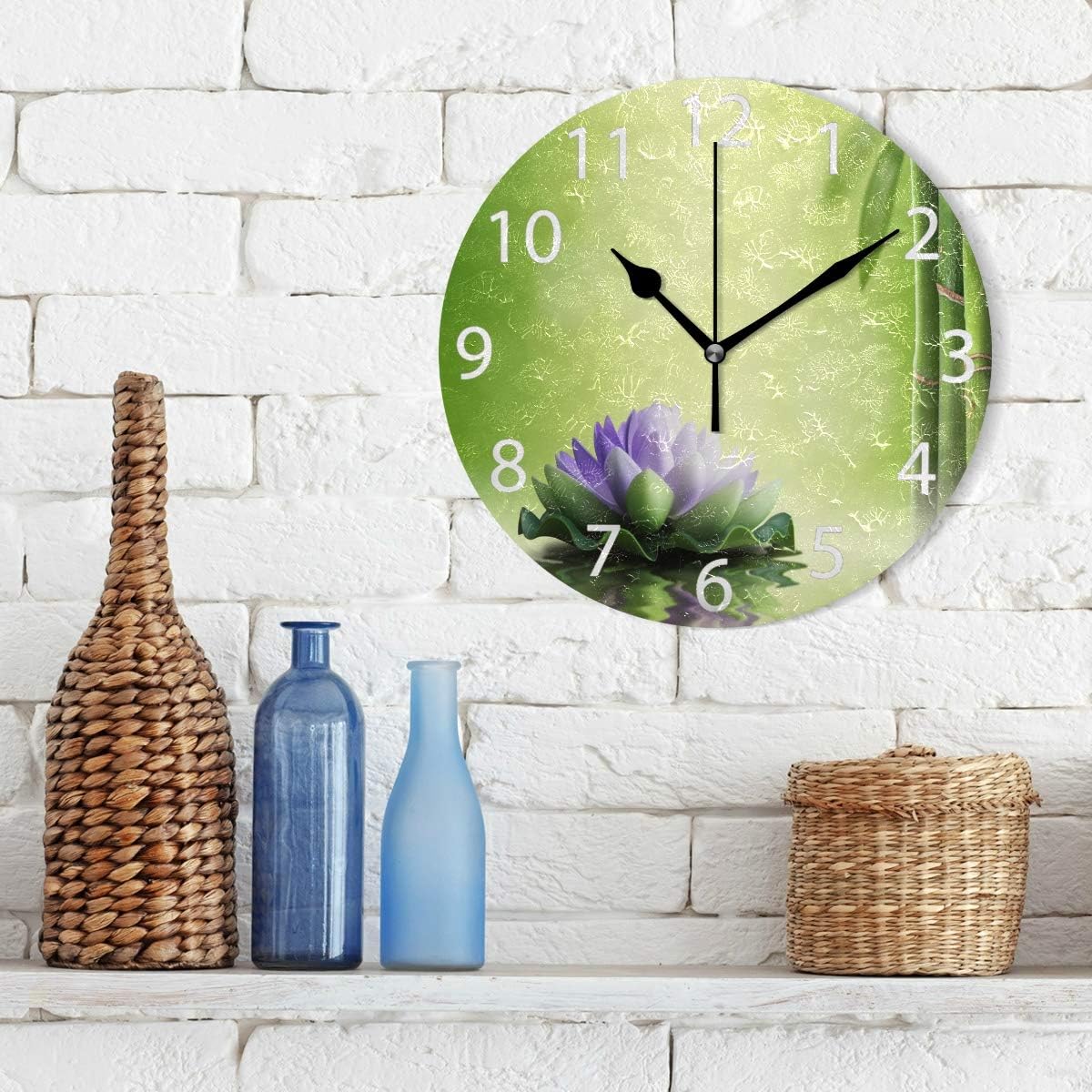 senya Zen Garden Theme Decor Purple Lotus Round Wall Clock, Silent Non Ticking Oil Painting Decorative for Home Office School Clock Art