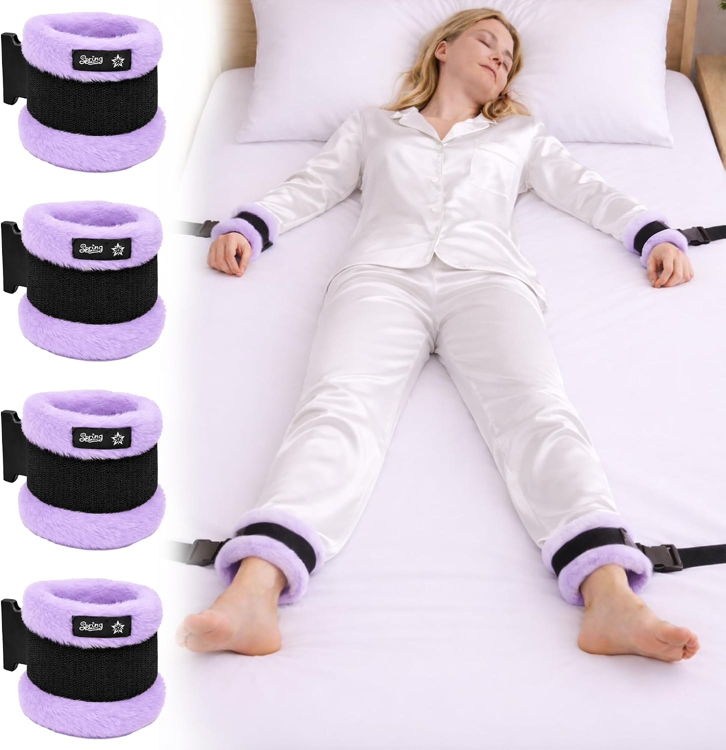 SPRING SEAON Medical Bed Restraints for Wrists & Ankles (4 Pack), Soft Fluffy Cuffs with Quick-Release Buckles, Adjustable Safety Straps for Bed Rails/Headboard, Easy-Clean Patient Restraints (Purple)