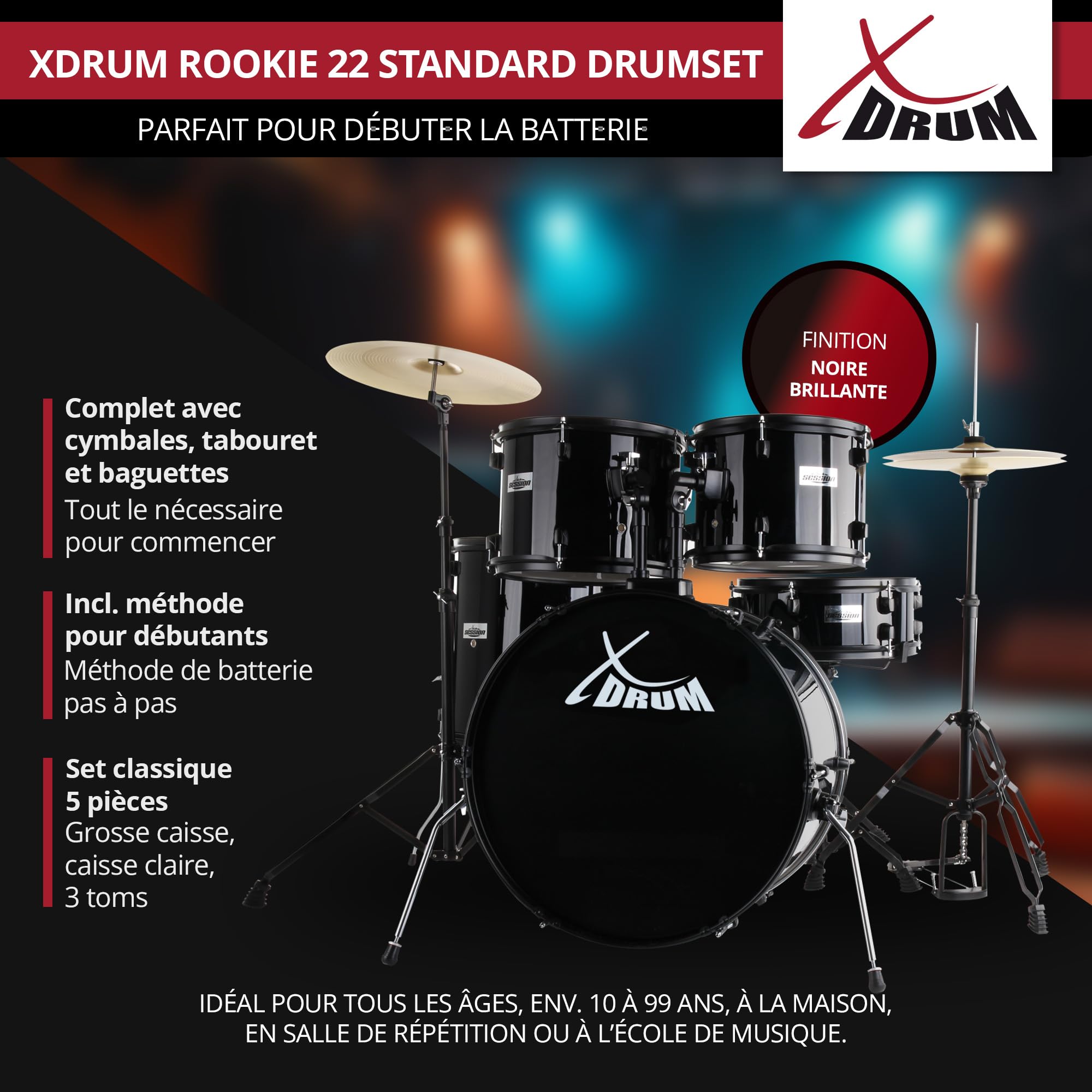 XDrum Rookie 22" Standard Batterie Complète Noire - Idéal pour Débutants - Matériel Stylé en Noir - Incl. Baguettes 5B, Notice de Montage et École de Batterie - Noir