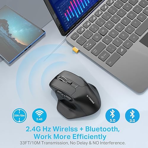 Miniatura 5 de E-YOOSO Ratón inalámbrico Bluetooth grande, 3 modos Bluetooth 5.0 y 3.0, mouse grande X-31 para manos grandes, 5 niveles 4800 DPI, mouse de