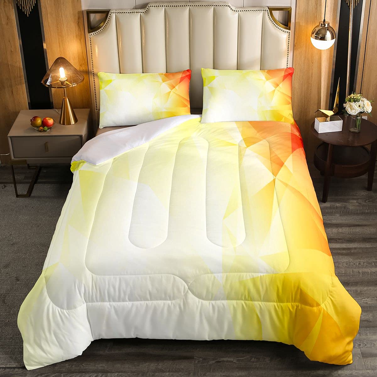 Geometric Bedding Set Kids Geometric Triangle Bedding Set Boys Girls Teens Gradient Yellow Beige 2Pcs Single Size — image 1