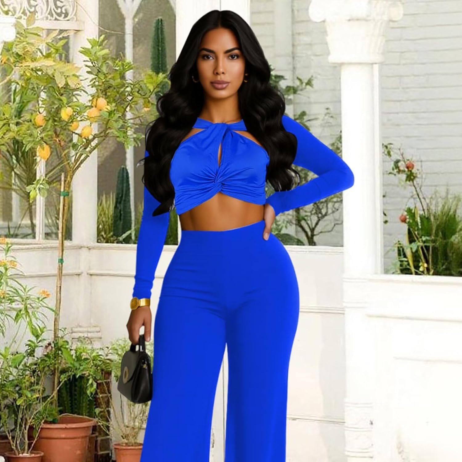 Sexy Two Piece Outfits for Women Fall Winter Long Sleeve Twist Front Crop Top Pants Set Party Club Outfits - Image 5