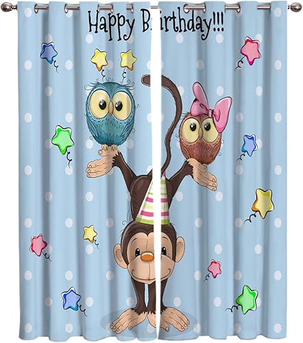 FortuneHouse Blackout Curtains Thermal Insulated Birthday Blessing Cute Monkey Owls Stars Solid Pattern Metal Grommet Elegant Room Drapes Window