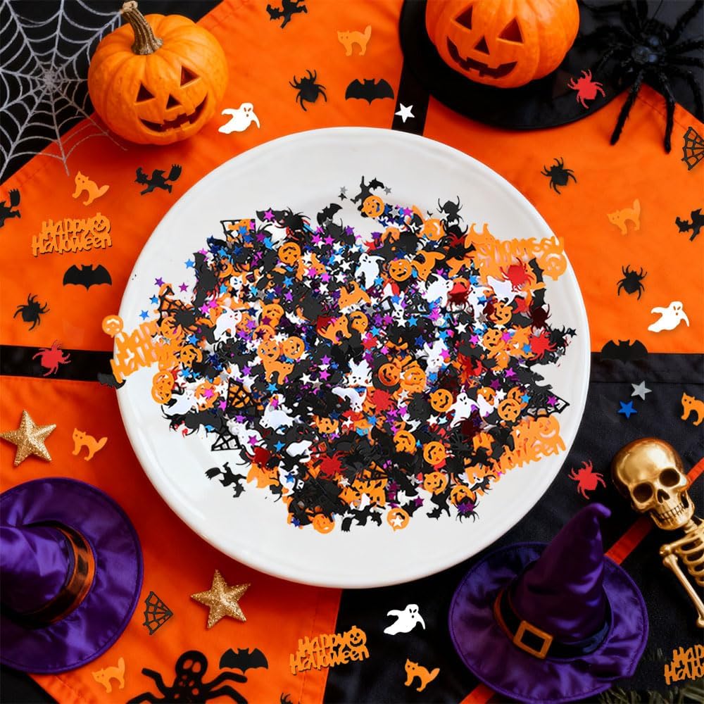 Halloween Confetti Glitter Table Decorations, Pumpkin Ghost Spider Web Bats Foil Metallic Spider Sprinkles Confetti Sequin Table Scatter for Halloween Trick or Treat Party Party Supplies Decorations
