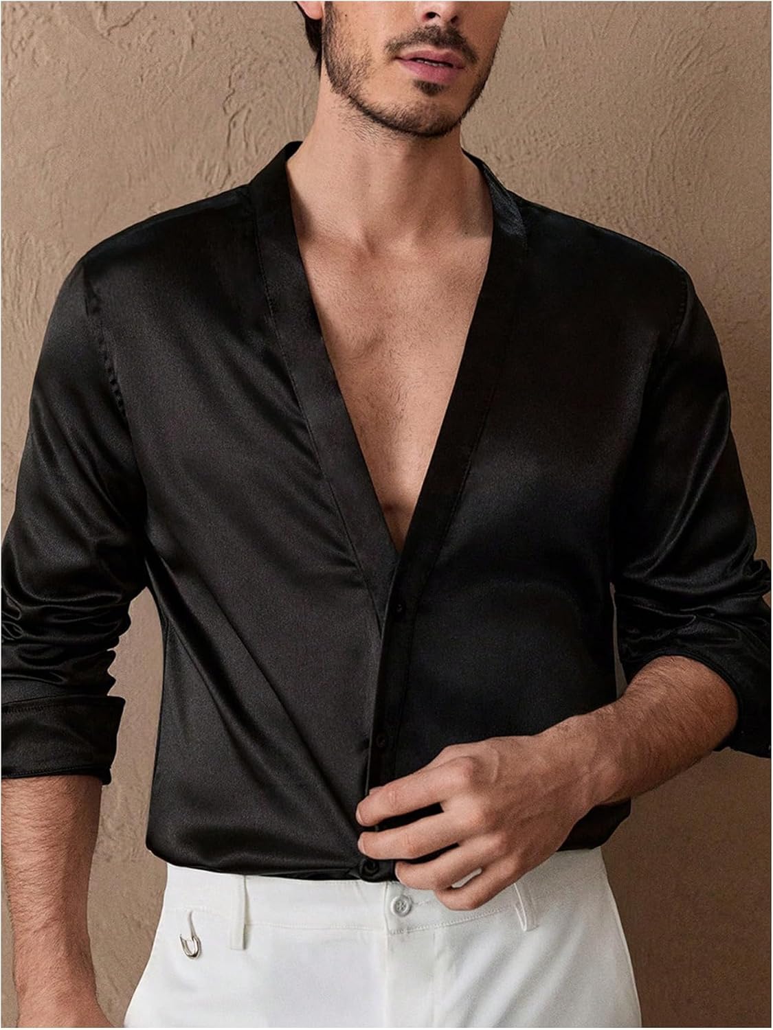 Floerns Men's Wedding Long Sleeve V Neck Shirts Shiny Satin Prom Party Club Shirts - Image 4