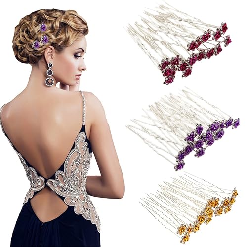 Miniatura 9 de 20pcs Rhinestone Rose Flower Hair Bobby Pin Crystal Bride Wedding Metal Clip de pelo Decoración U forma joyería accesorios, Cabello de cristal,