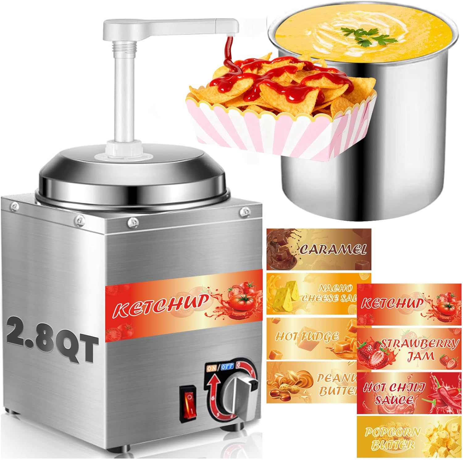 Nacho Cheese Dispenser 2.8Qt Nacho Cheese Warmer Commercial Hot Fudge Dispenser for for Cheese Caramel, with 2 Pumps and 8 Stickers