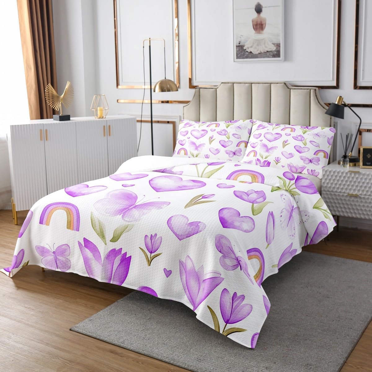Castle Fairy Purple Tulip Bedspread Twin Size,Rainbow Butterfly Bedding Sets 2Pcs for Kids Girls Boys Room Decor,Love Pattern Comforter Set Purple Botanical Quilt Coverlet,1 Pillowcase