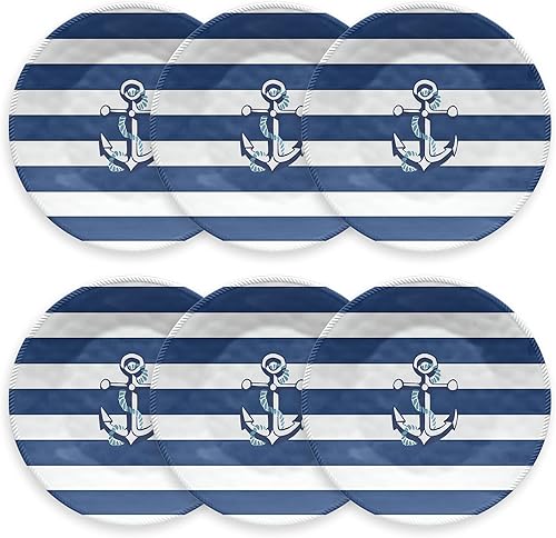 Abode Homewares TarHong - Plato llano náutico ancla de 10.5 pulgadas, melamina pura azul marino y blanco, juego de 6