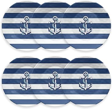 TarHong Nautical Anchor Dinner Plate, 10.5", Pure Melamine; Navy and White, Set of 6