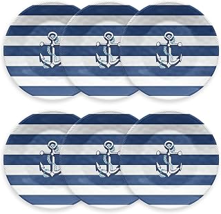 Abode Homewares TarHong Nautical Anchor Dinner Plate, 10.5", Pure Melamine; Navy and White, Set of 6
