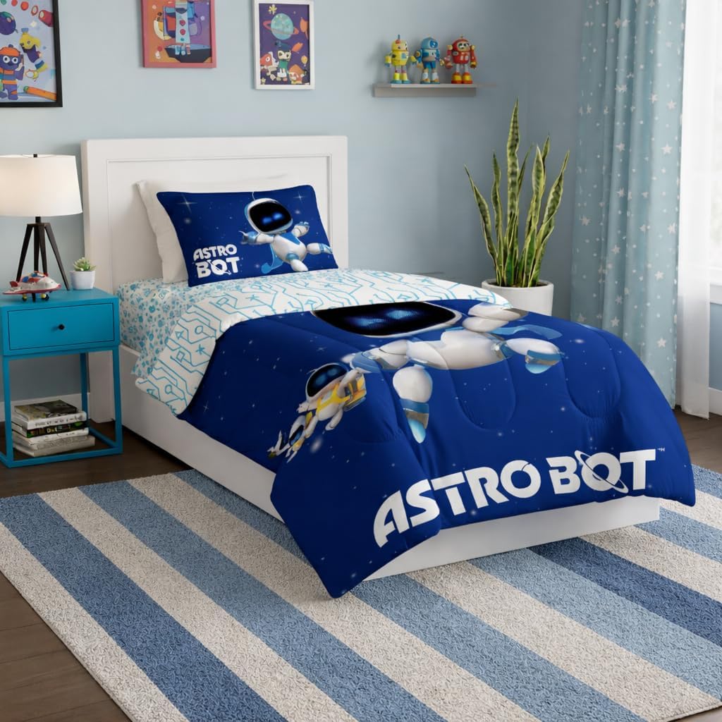 Northwest Sony PlayStation Astro Bot Twin Bedding Bundle – 64 x 86 Inches Reversible Comforter, Flat Sheet, Fitted Sheet, 1 Pillowcase – Bed in a Bag Set, Cosmic Clash | Reversible