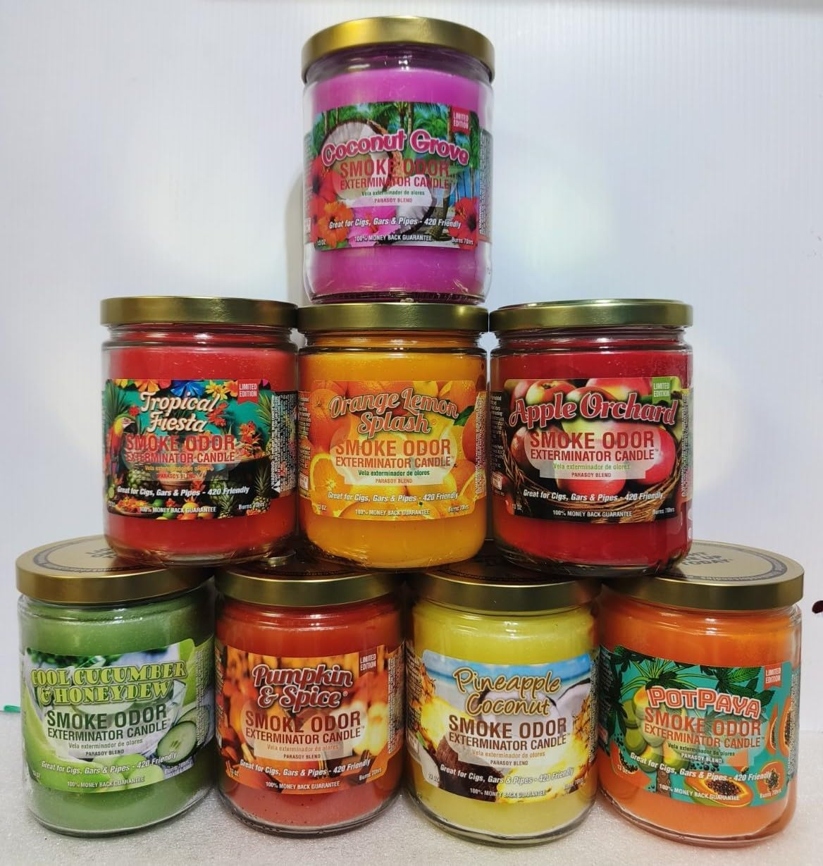 Smoke Odor Exterminator 13 oz Jar Candles Coconut Grove Assorted. 8 Includes OrangeLemon Splash,Pumpkin Spice,Pineapple Coconut,Tropical Fiesta,Cool Cucumber & Honeydew,Apple orchard & Potpaya.