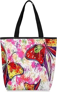 Sacolas de lona com zíper e bolso interno, bolsa de ombro feminina casual bolsa de mão borboleta abstrata colorida, bolsas de compras reutilizáveis para cozinha, bolsas de lona para uso para livros, sacolas de compras, sacolas de presente, Multicor