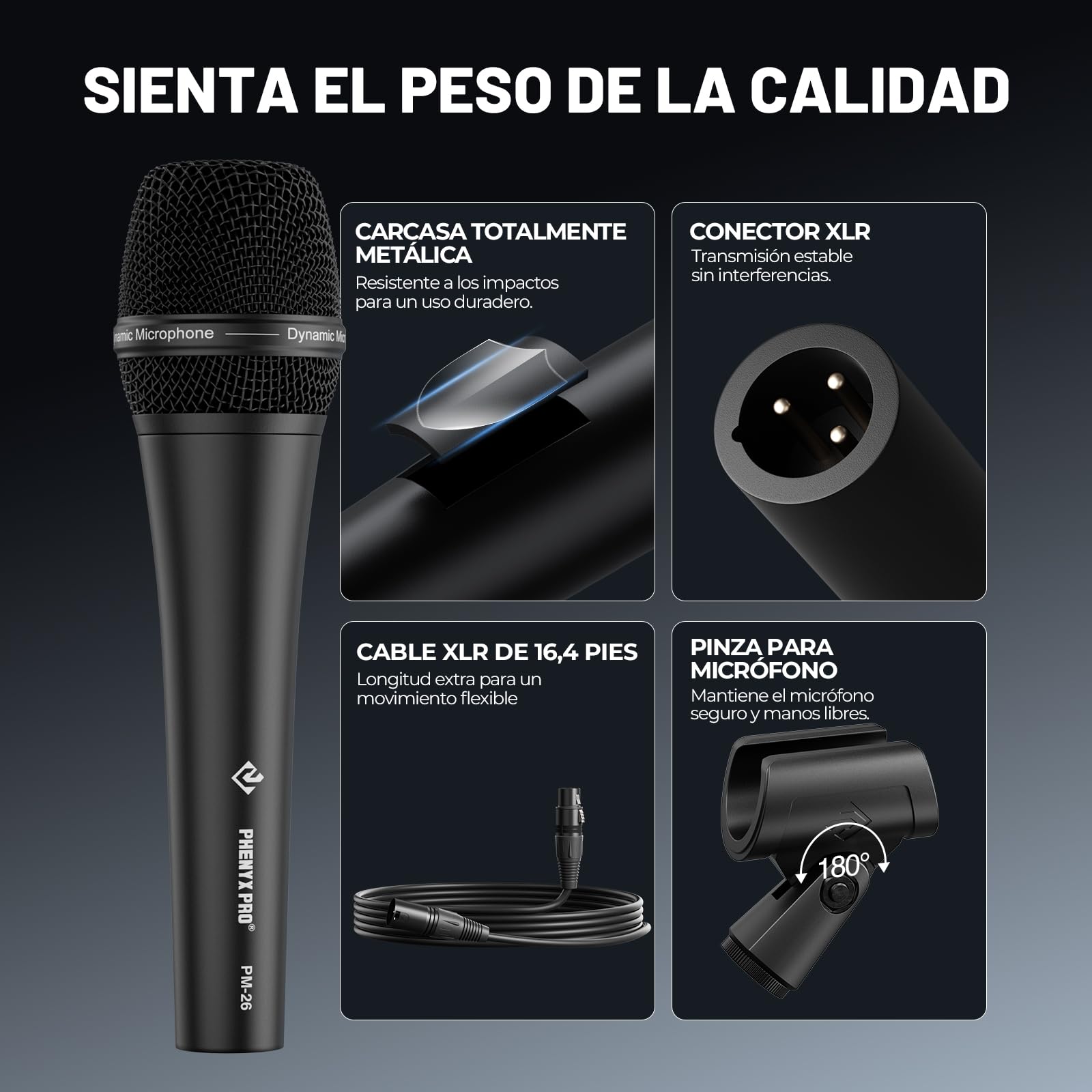 Phenyx Pro Micrófono Vocal Dinámico Supercardioide XLR PM-26 | Patrón supercardioide, Mic de mano dinámico, Cable XLR de 5 m, Clip de micrófono, Bolsa de transporte, Canto, Escenario