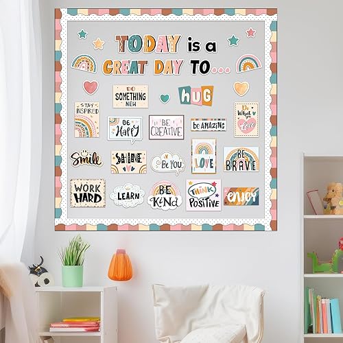 Miniatura 7 de Juego de tablones de anuncios con texto en inglés "Today is A Great Day", decoración motivacional para profesores, afirmaciones positivas, recortes
