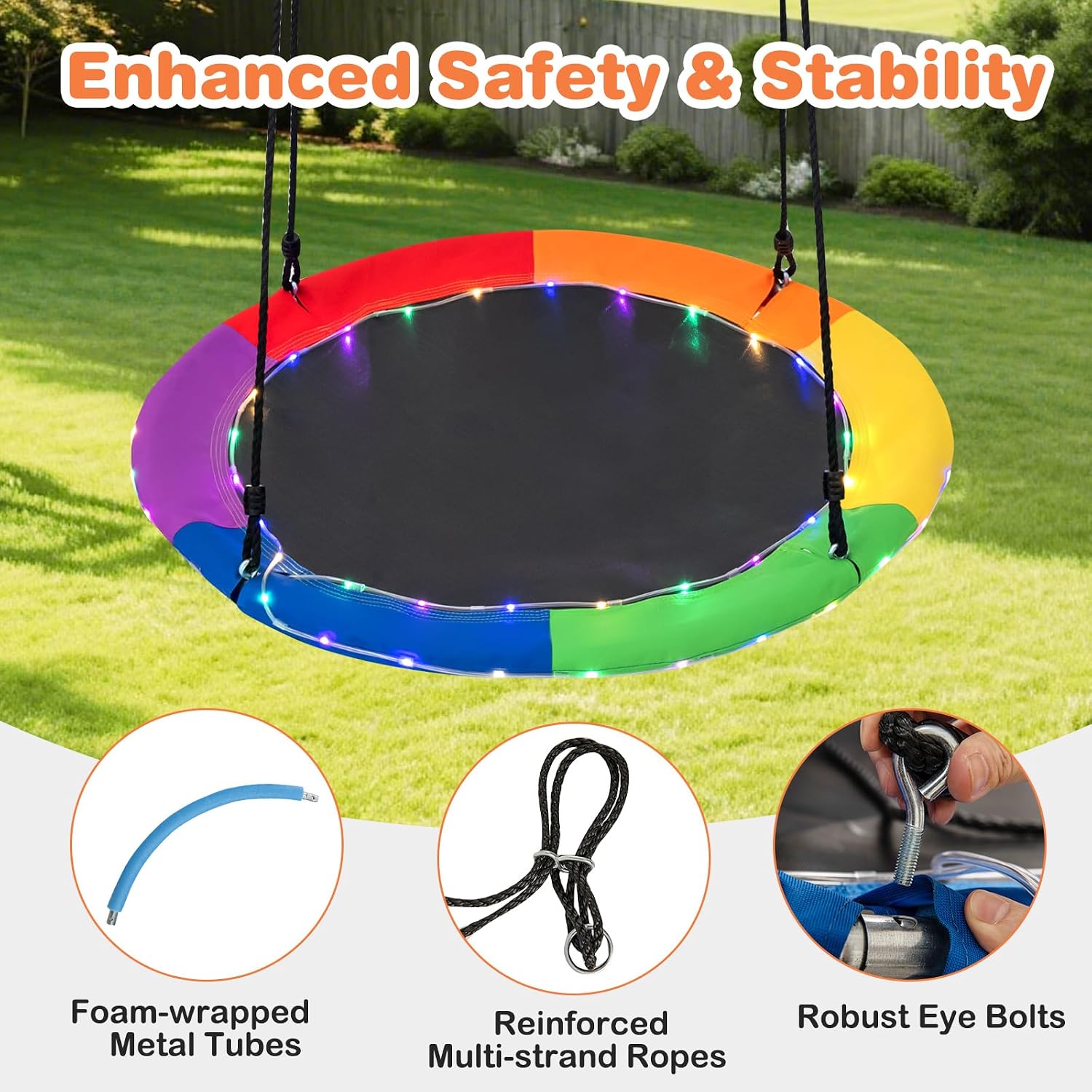 Costzon 40” Tree Swing with LED Lights for Kids Adults, Indoor Outdoor Flying Saucer Swing with Adjustable Multi-Strand Hanging Ropes for Tree, Backyard, Playground (Colorful)