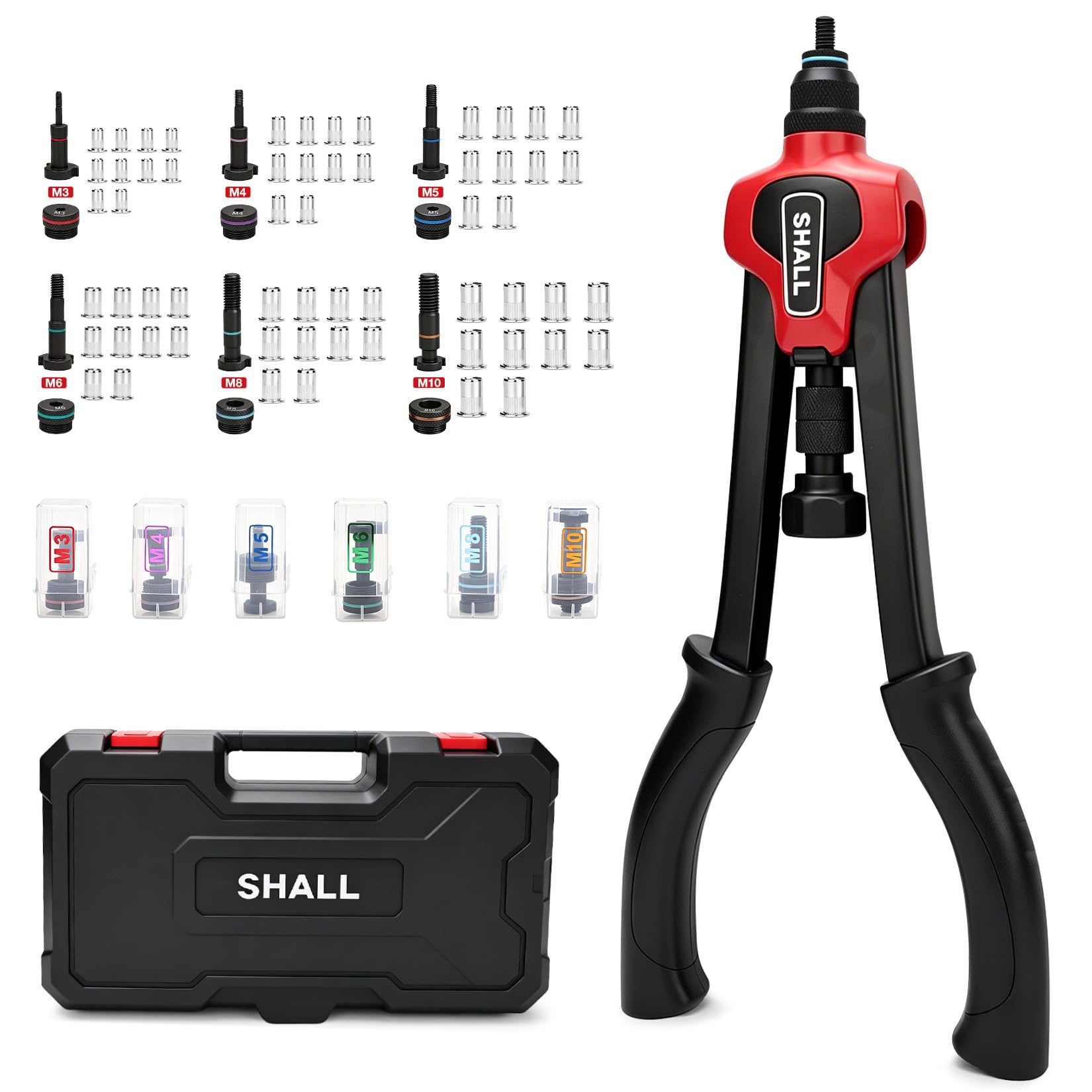SHALL Rivet Nut Tool Kit, 14"（35cm） Rivnut Tool Kit,with M3 M4 M5 M6 M8 M10 6 Metric Mandrels Heat and 60PCS Rivet Nuts,with Hand-held Storage Box