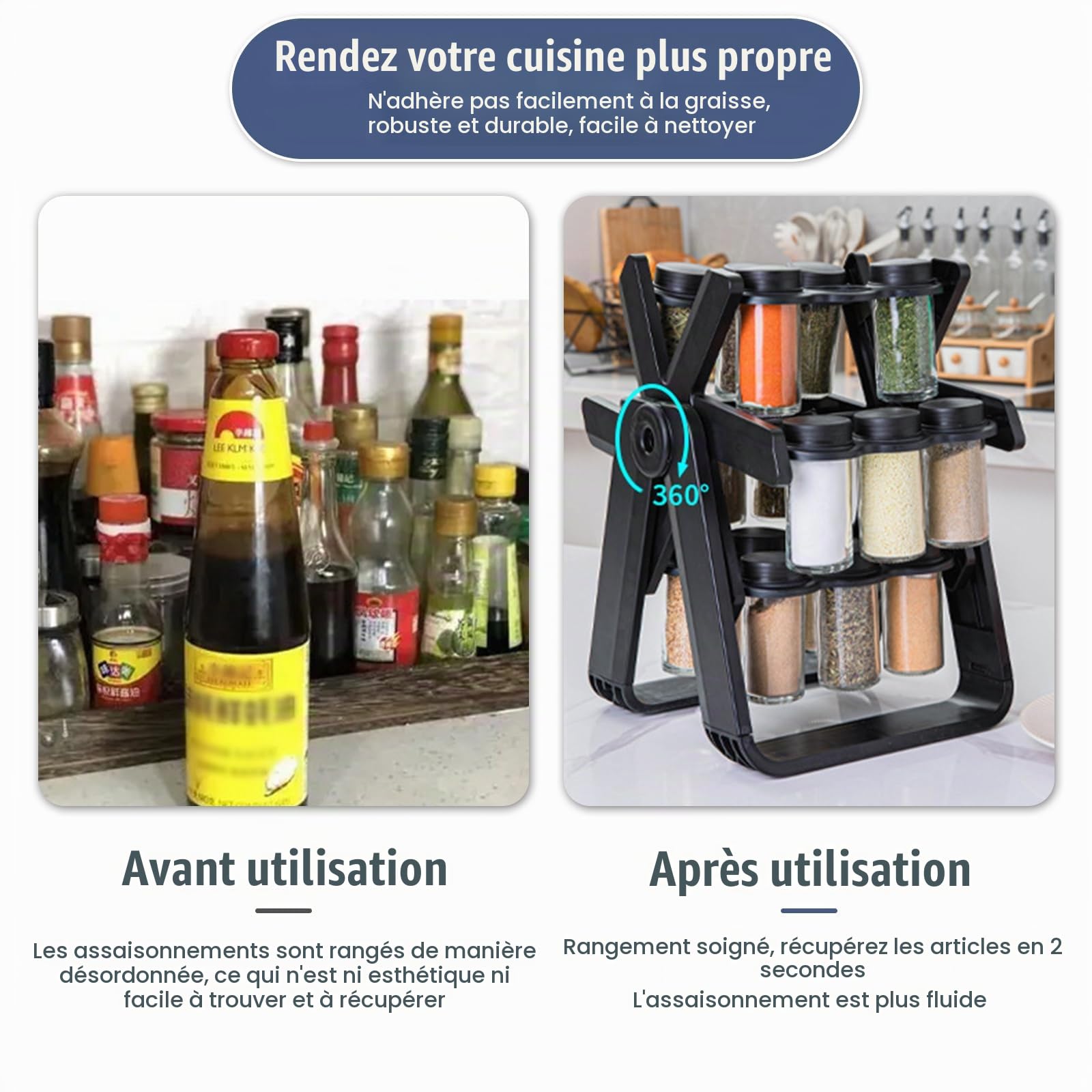 ÉtagèRe à éPices,Carrousel à Épices, Tourniquet à Épices Pivotant à 360 DegréS avec 18 Pots à éPices, MatéRiau Abs, Adapté aux Environnements de Cuisine, 26 X 23 X 34cm, Noir