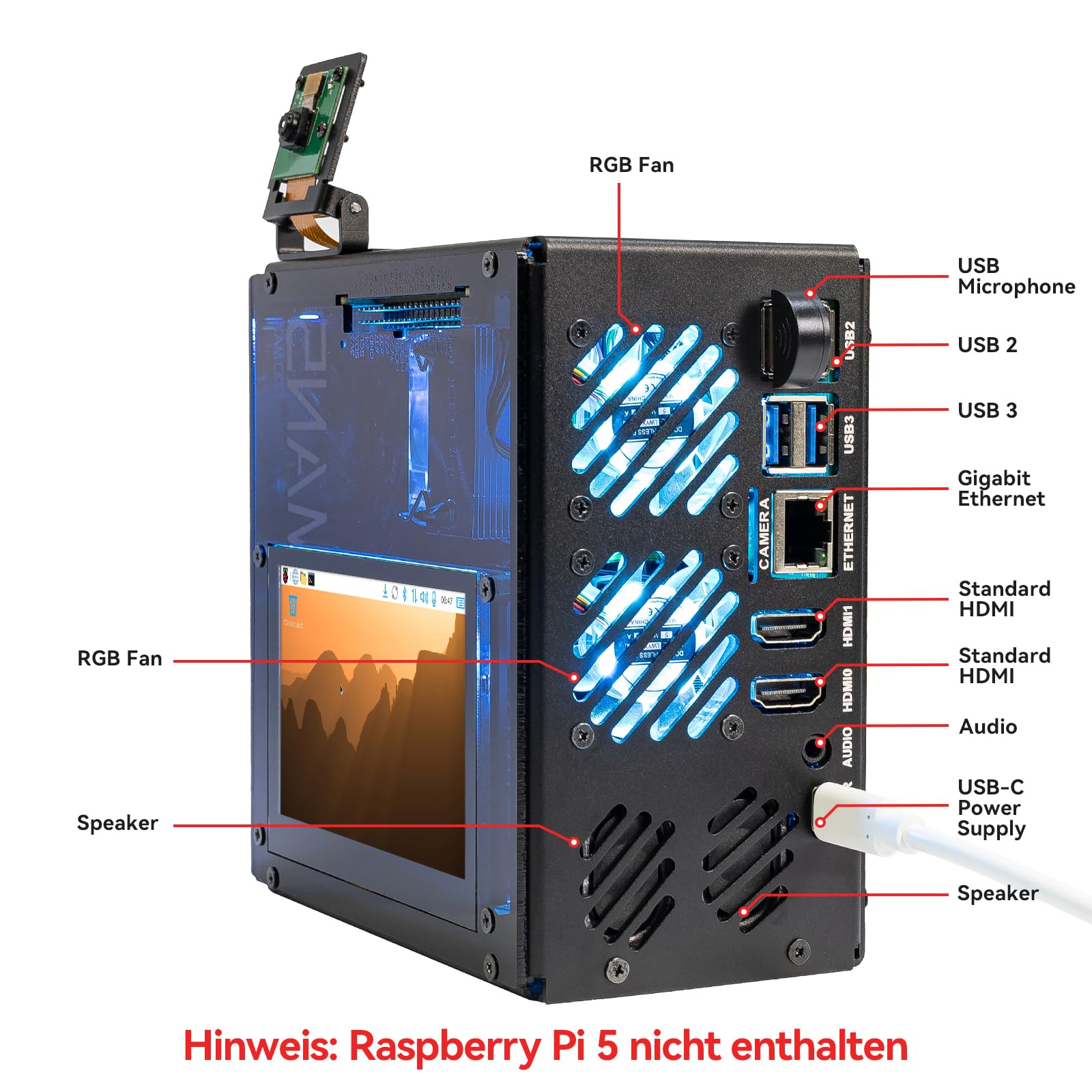 Pironman 5 Pro Max Mini-PC-Gehäuse mit 4,3" Touchscreen für Raspberry Pi 5, OpenClaw KI-Agent, Dual NVMe RAID 0/1 NAS, Kamera, Mikrofon, Audio, M.2 Hailo8, LLMs ChatGPT/Gemini (RPI5 Nicht enthalten)