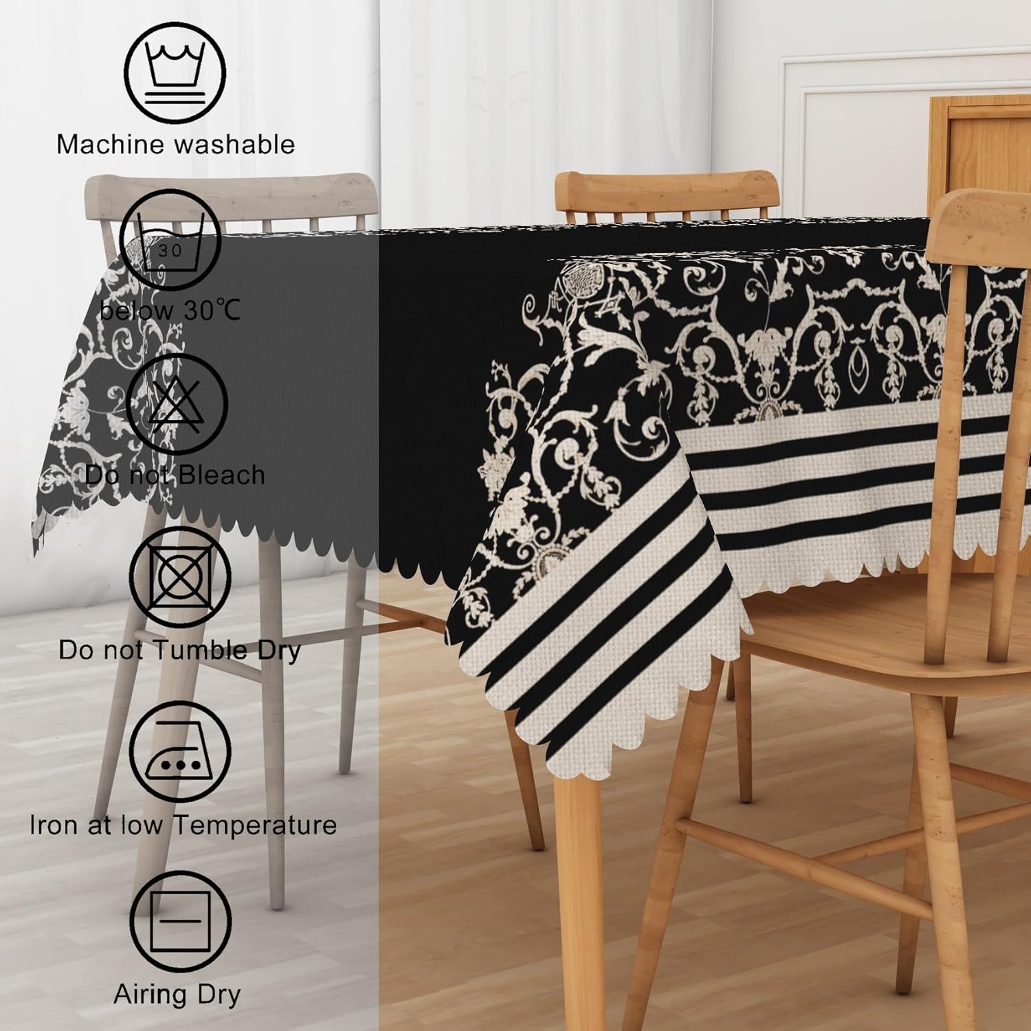 Boho Floral Linen Tablecloth Abstract Beige Black Damask Flower Pattern Rectangle Table Cloth for Modern Vintage Dining Room Kitchen Parties Weddings Birthday Decor, 60x102 inches