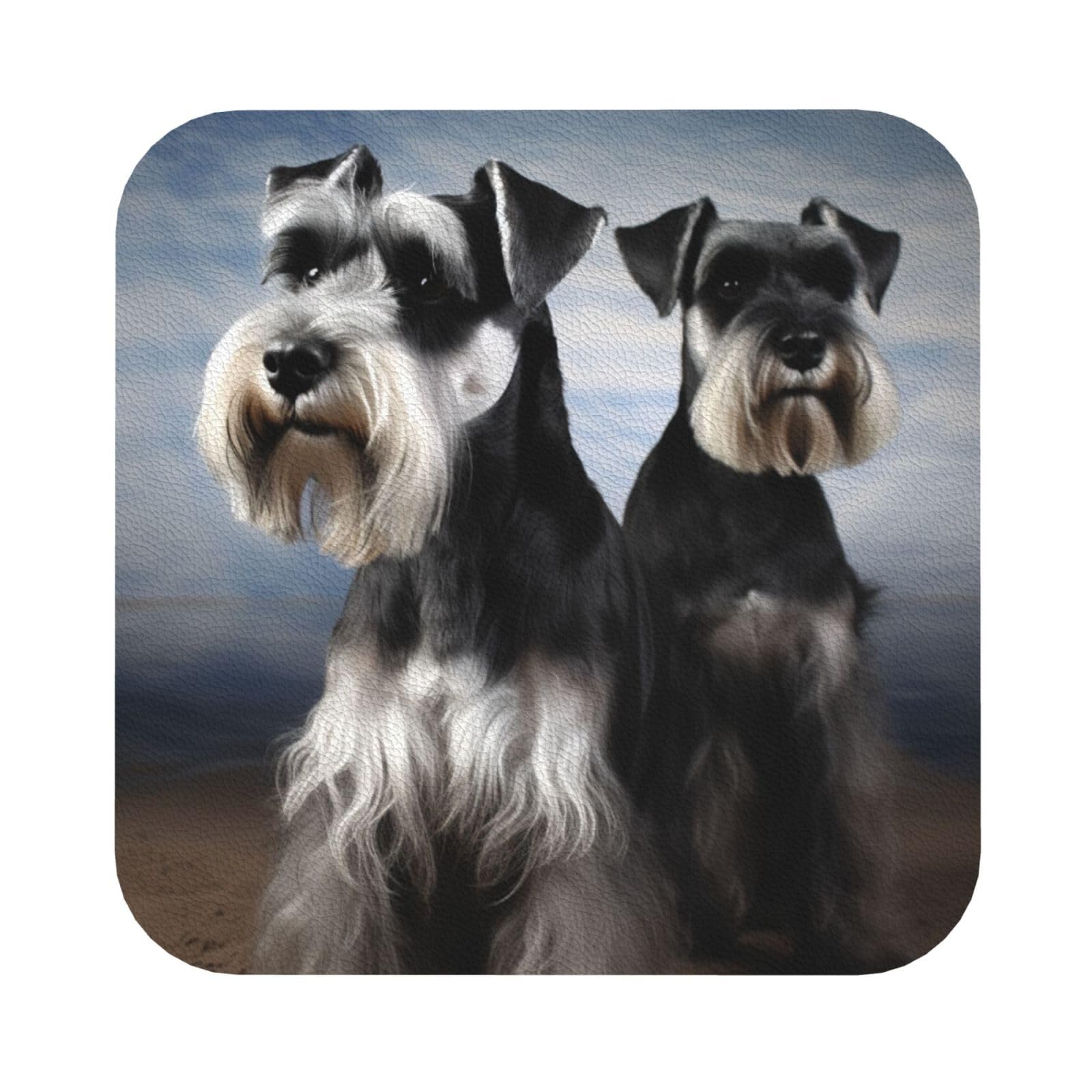 Smazdfxx Square Animal Schnauzer Dog Drink Coasters Set Of 4, Heat Resistant Leather Coasters Fuuny Bar Beer Beverage Coaster For Drinks