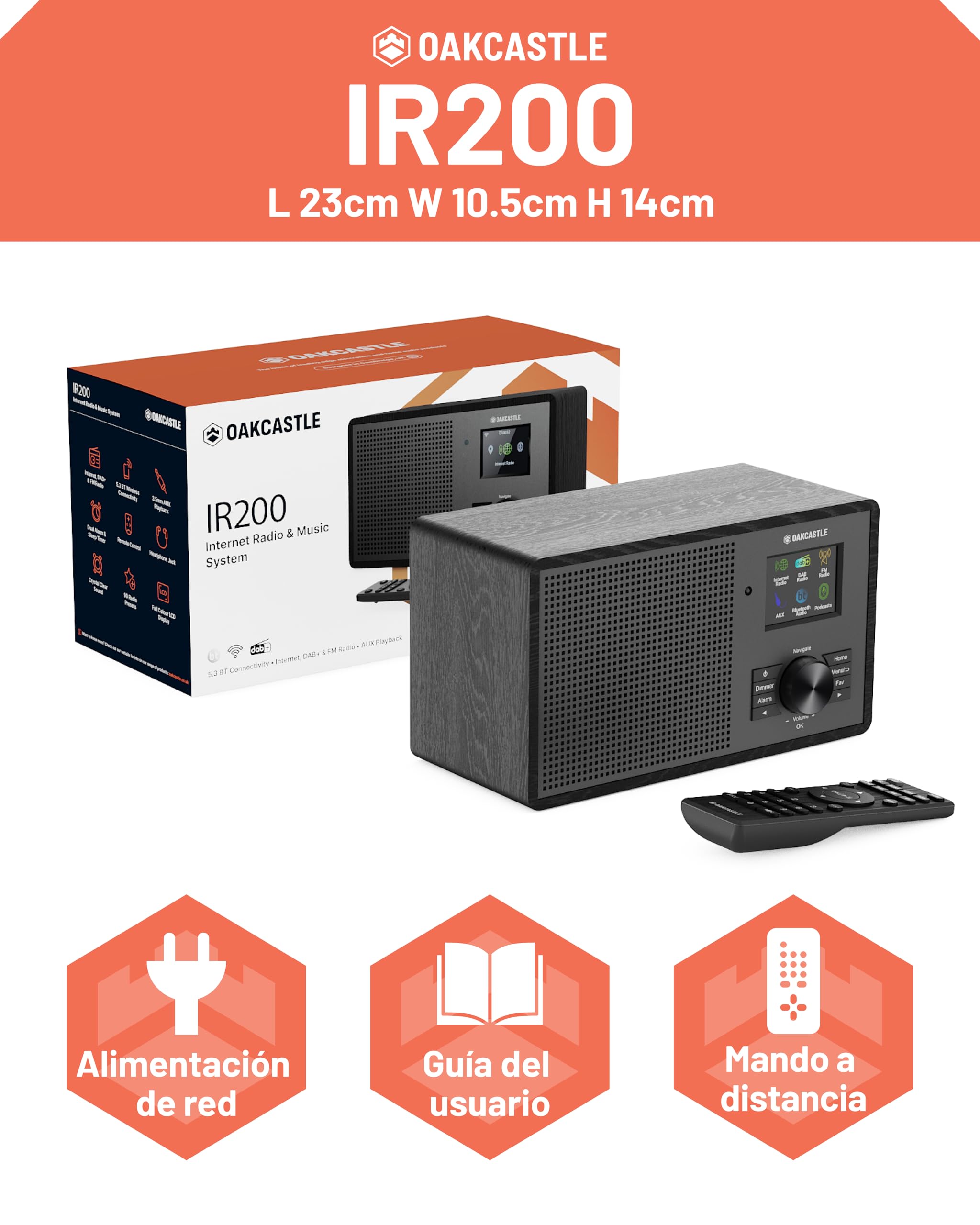 Radio Internet con Bluetooth 5.3 | Dab+ & FM 90+ Preajustes | Podcasts | Radio WiFi con Conexiones para Auriculares y AUX | Mando a Distancia con Control de Ecualización Incluido | Oakcastle IR200