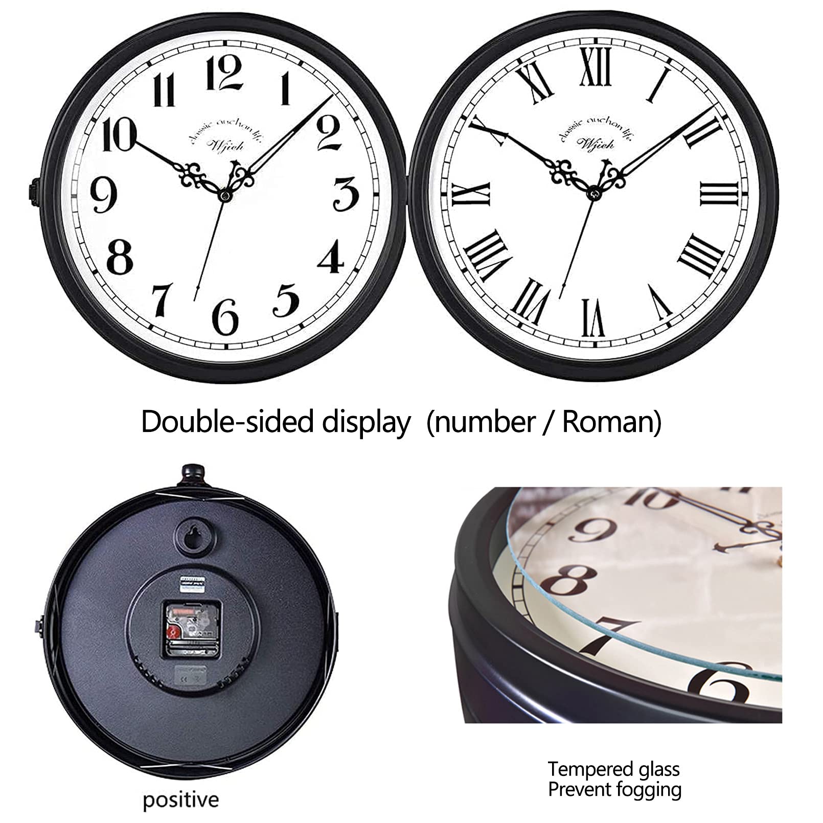 Orologio Da Parete Vintage Stile Stazione Ferroviaria, 20,3 Cm, Doppio Quadrante, Battuto Nero, Movimento Silenzioso