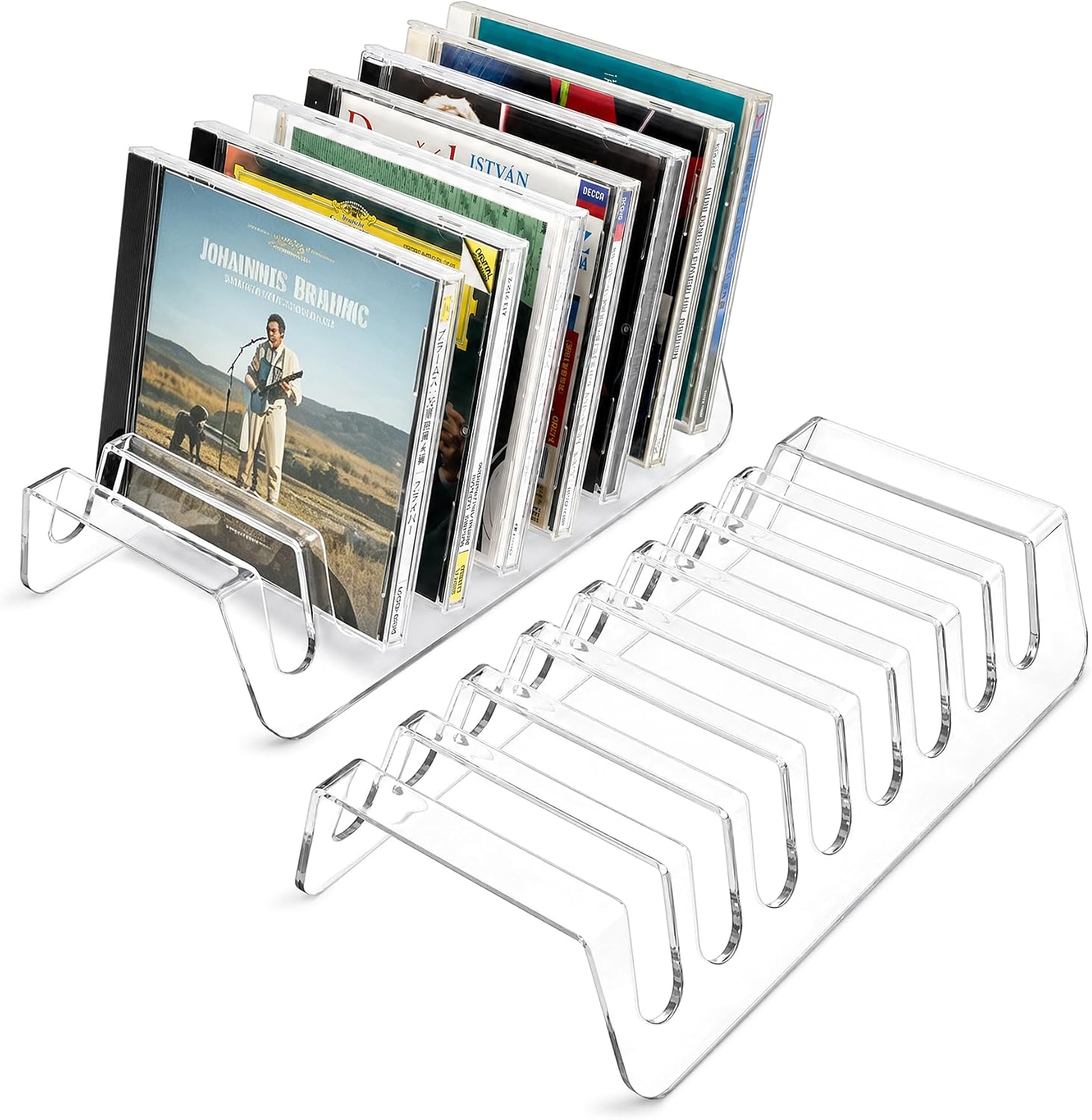 Philbinden 2 Pcs Clear Acrylic CD Holder, DVD/CD Display Rack & CD Storage Box & Vinyl Record Storage Stand Holds up to 14 Standard CD Cases for Media Shelf Storage and Organization