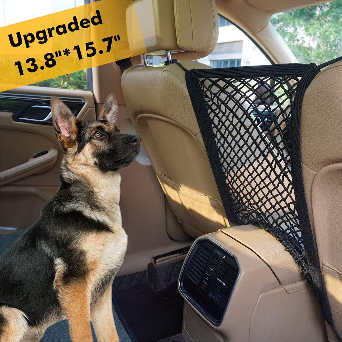 maxpama Upgraded Pet Dog Car Net Barrier, 15.7” x 13.8”, Auto Seat Mesh Organizer, Universal Stretchable Mesh for Cars, Driving Safely…