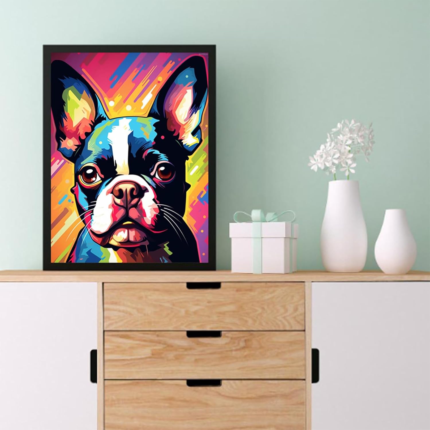 KAYEIUU Boston Terrier Dog Colored 5D Diamond Art Painting for Adults Full Drill Round Diamond Paint by Number Kits for Beginners Gems Cross Stitch for Wall Decor 12x16inch