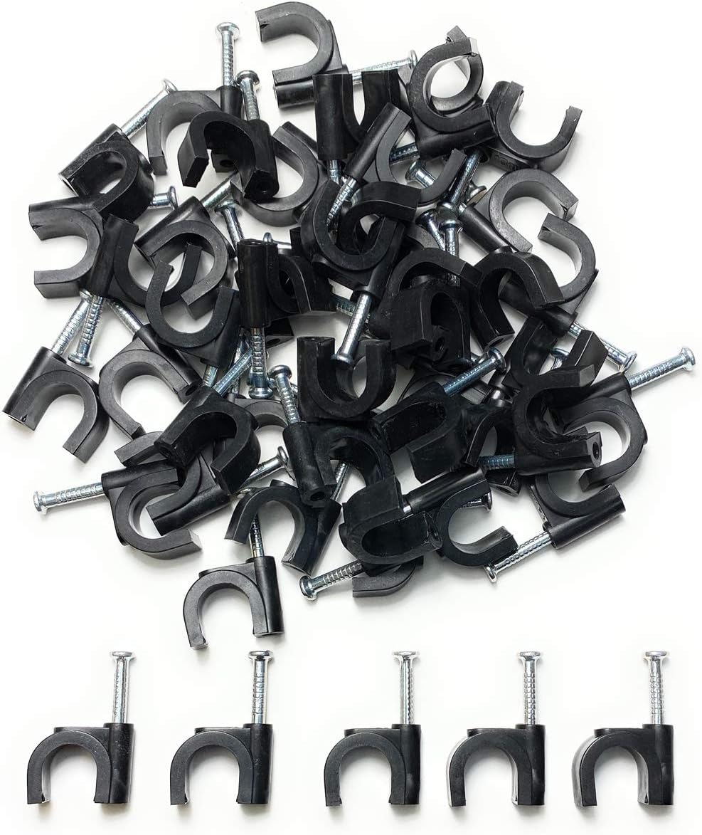 TR CableTR Cable® Pack of 50 Round Black Cable Clips with Strong Nails - Durable & Versatile - Ideal for Indoor/Outdoor Cable Management, 10mm