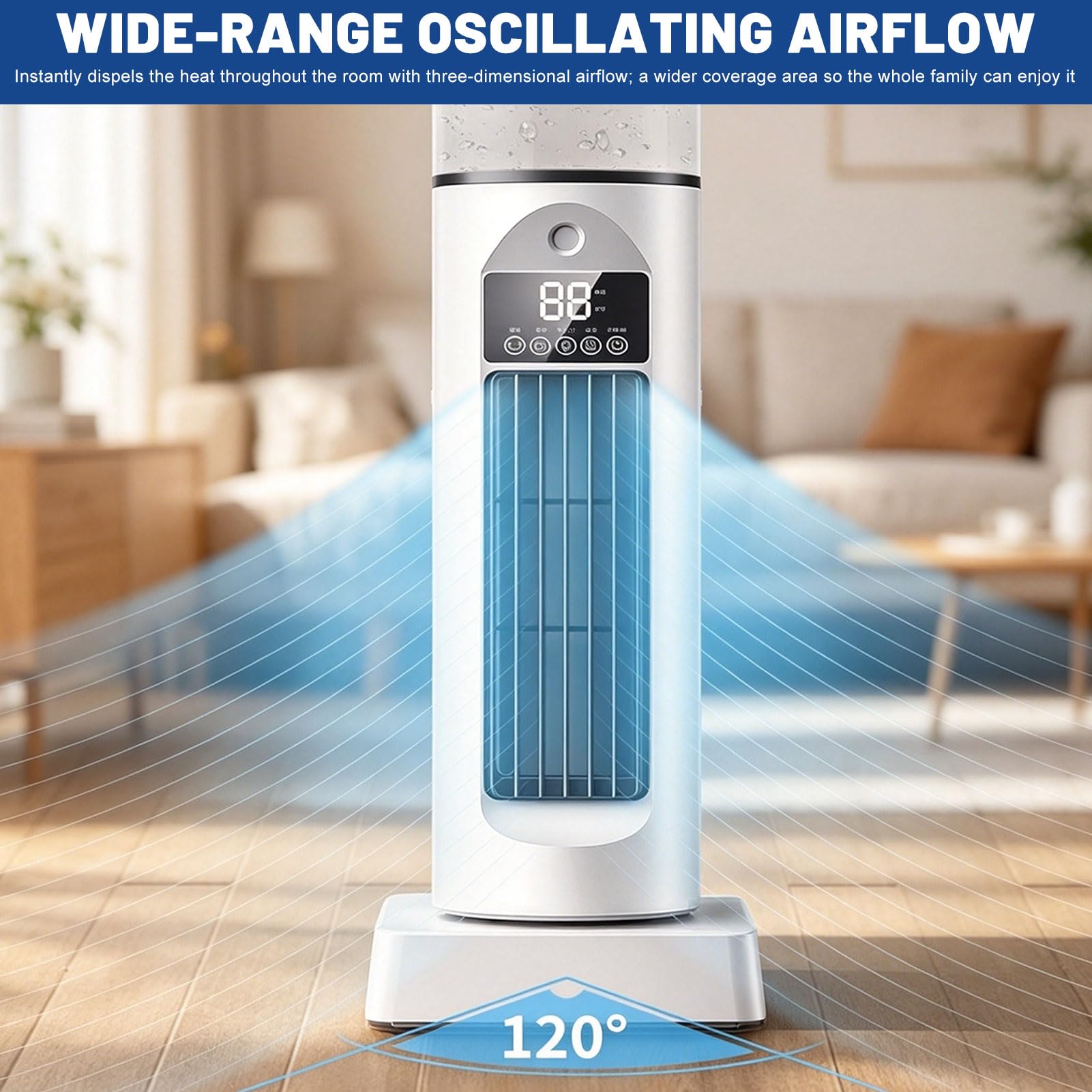 Turm AC -Klimaanlage, Kaltluftventilator Mobile Klimaanlage mit 8H Timer Cool Air Lüfter mit 9 Stufen Ruhiger Oszillierender Bladerloser Kühler mit Fernbedienung und Wassertank für Sommer (Weiß)