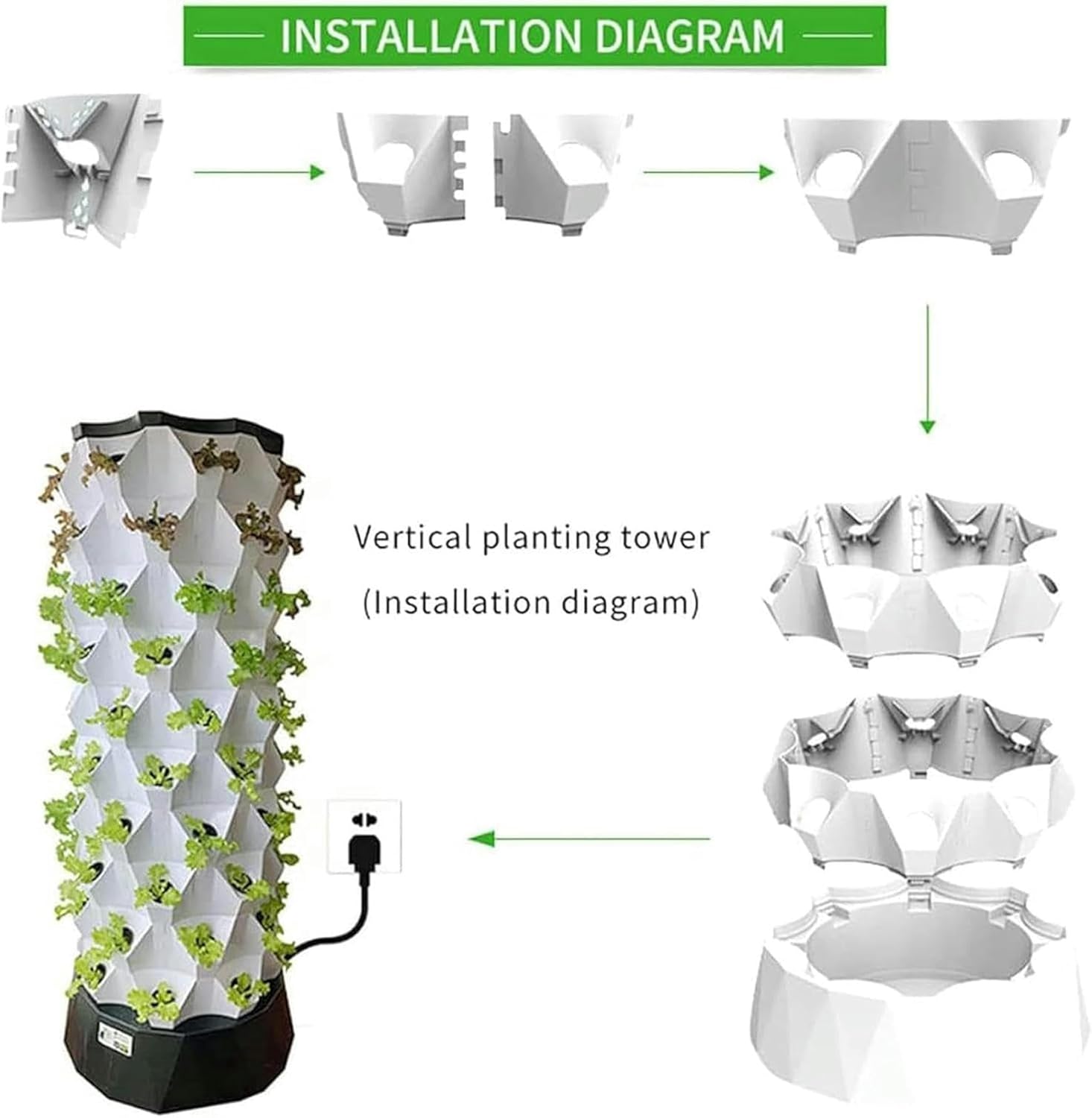 Hydroponic Tower of 48/64/80 Holes, Hydroponic Culture System, System of Hydroponic Vertical Self-Irrigation Culture for Herbs, Fruits and Vegetables with Water Pump, Adapter, Pots