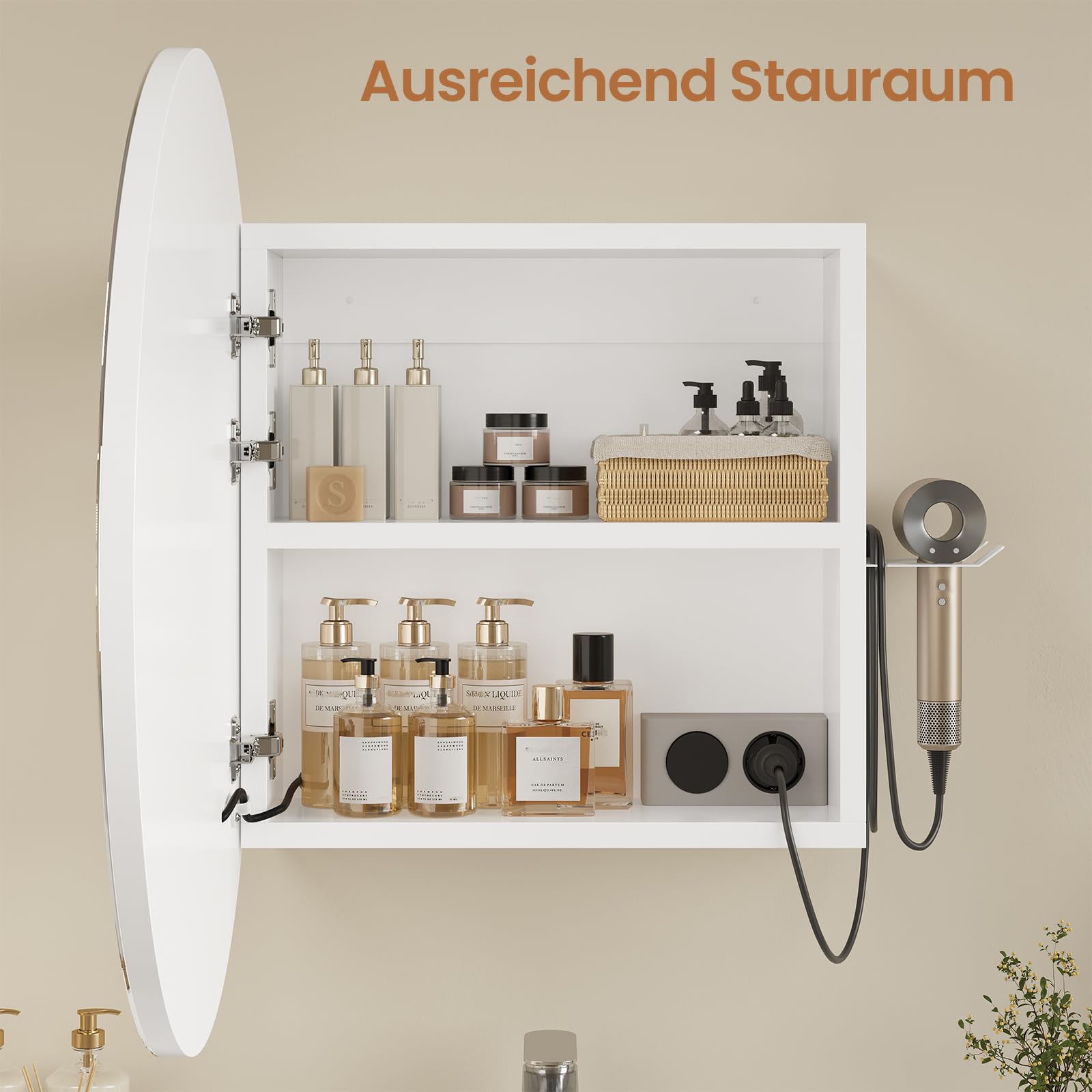 KIMENICH Runder Spiegelschrank Bad mit LED Beleuchtung, Badspiegel Schrank mit Steckdose und Fönhalter, Runder Badezimmerspiegel Schrank Wandmontage