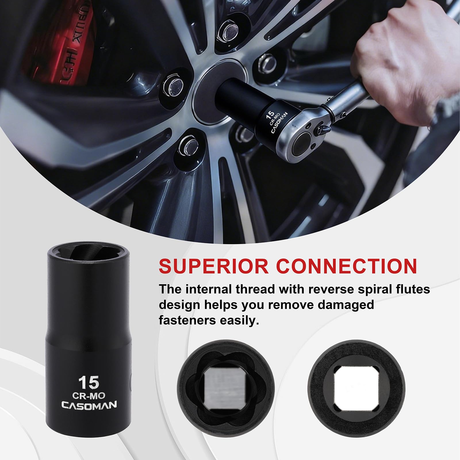 CASOMAN Set di 16 chiavi a bussola per dadi e bulloni a percussione da 1/2", include adattatore per gambo esagonale e barra a perno, per rimuovere elementi di fissaggio arrotondati danneggiati