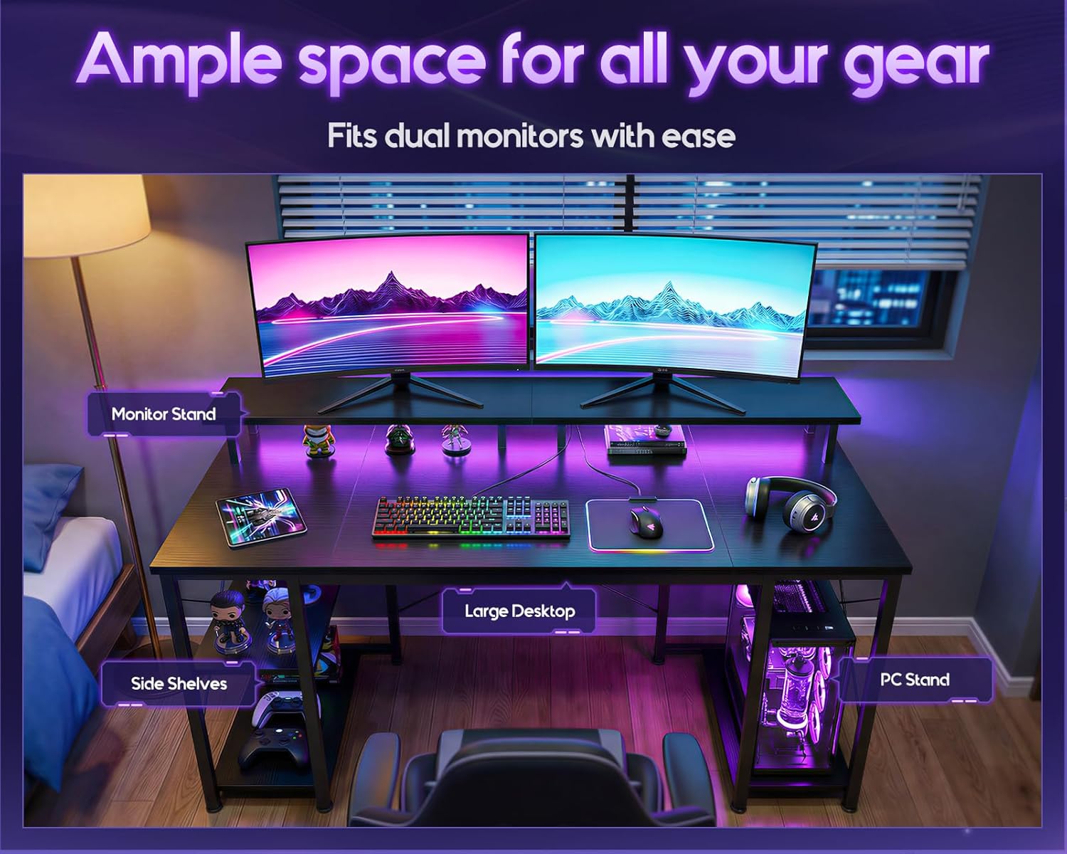 ODK Gaming Desk with Led Lights & Power Outlet, 48 Inch Gaming Computer Desk with Storage Shelves, PC Desk with Monitor Stand, Gamer Desk Table for Home Office, Black - Image 4