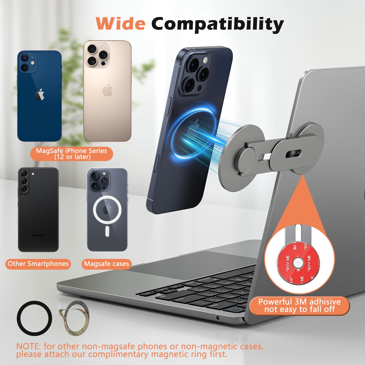 ALAFLY Magnetic Laptop Phone Holder Compatible with MagSafe iPhone/Samsung, 110° Foldable & 180° Adjustable Side Phone Mount for Computer/Tesla/Monitor/All Phones, Gray