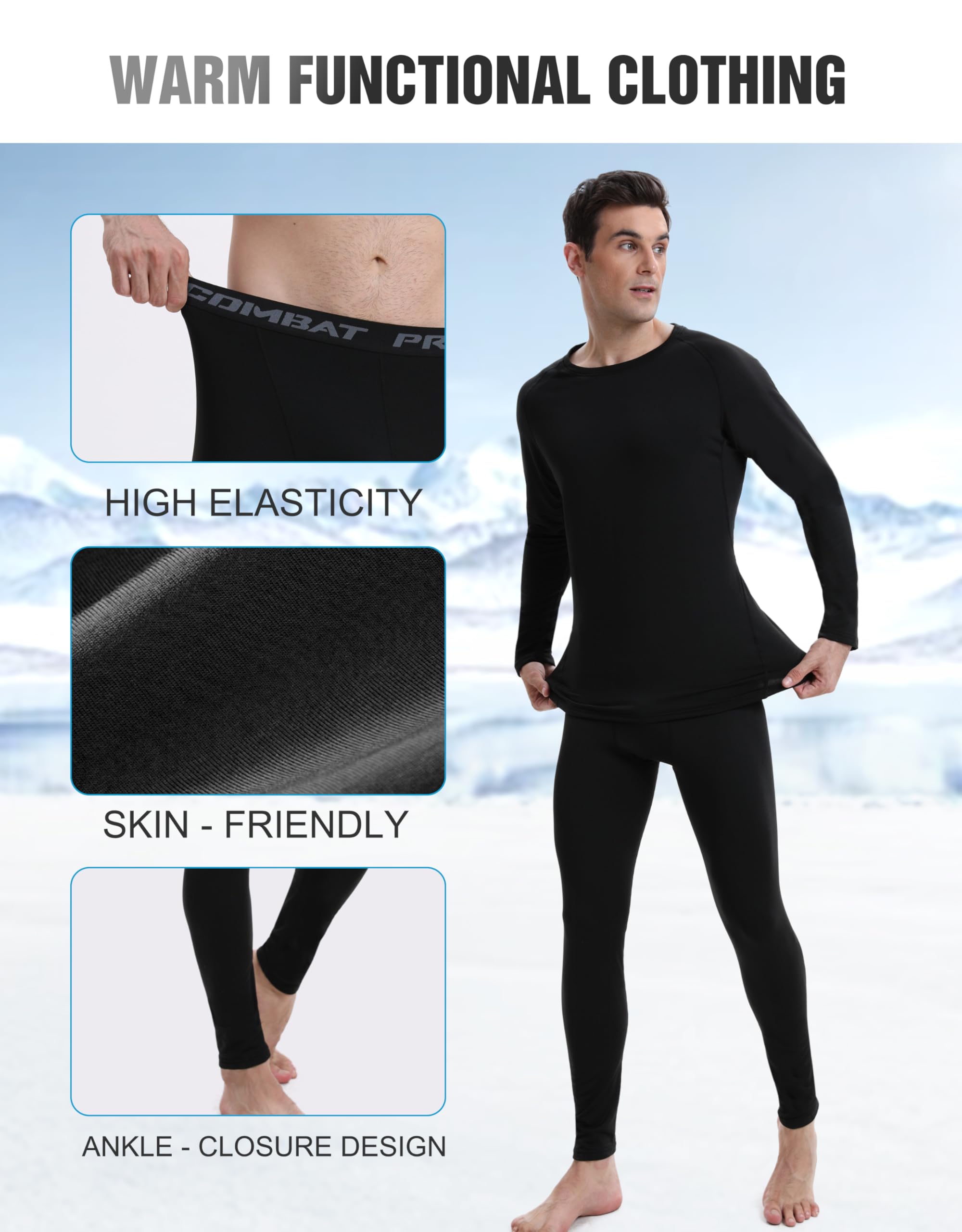 YESWEL sous Vetement Thermique Homme, Ensemble sous-Vêtements Hiver en Polaire Intérieure, sous-Vêtement Chaud Noir pour Ski Cyclisme Randonnée (M-2XL)