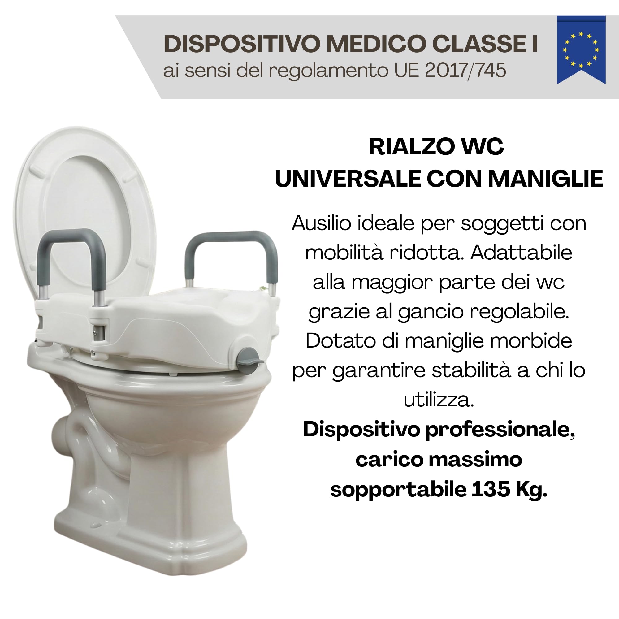 Sedile Rialzo WC con Braccioli Universale Regolabile, Alzawater Supporto per Anziani, Disabili e Donne Incinte, Altezza 11 cm