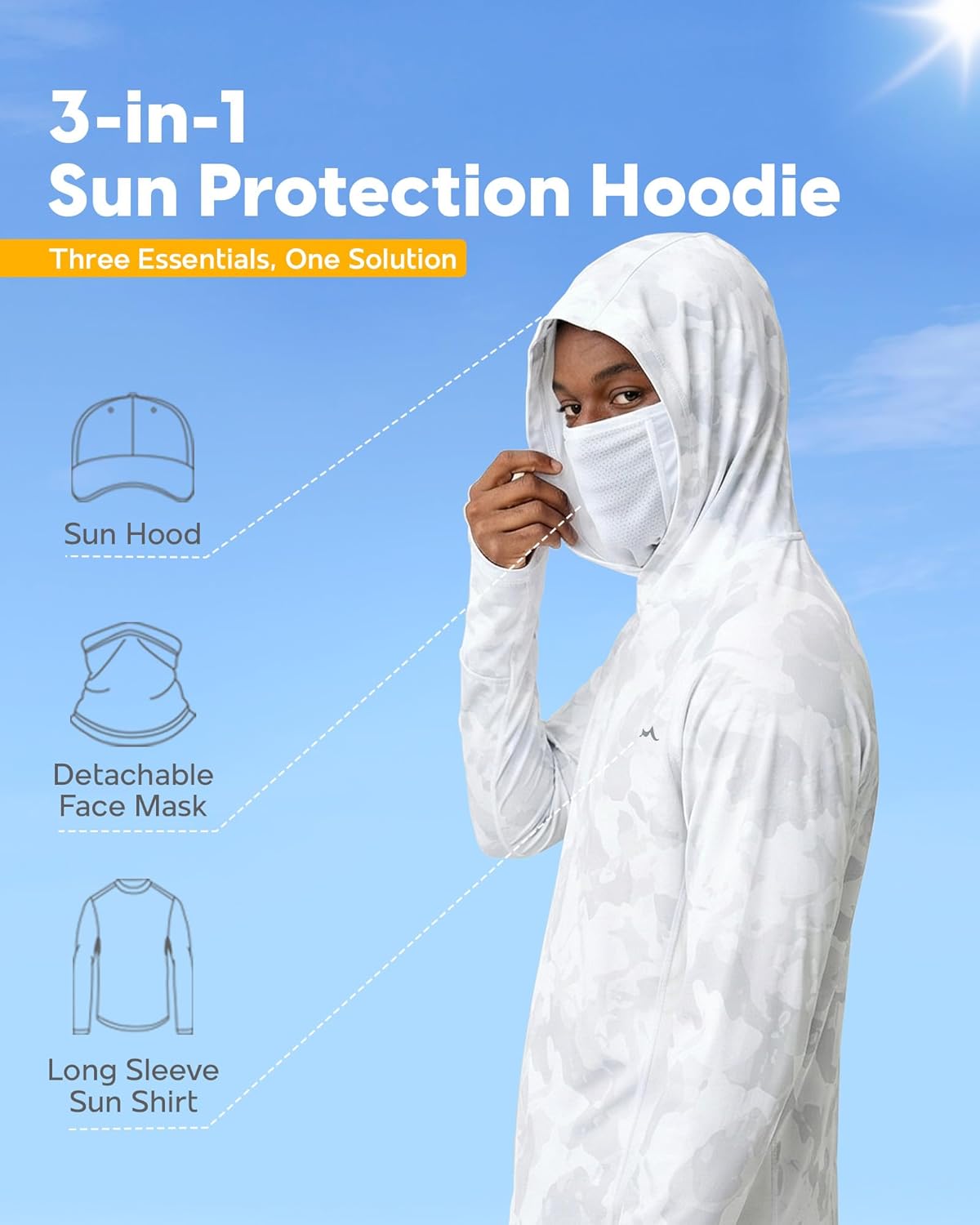 maamgic Men’s UPF 50+ Fishing Shirt Sun Hoodie with Detachable Face Mask, Long Sleeve UV Rash Guard - Image 3