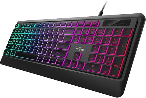 Fiodio Teclado de membrana Rainbow para juegos, teclado silencioso de computadora con cable, 104 teclas silenciosas y 26 teclas anti-fantasma,