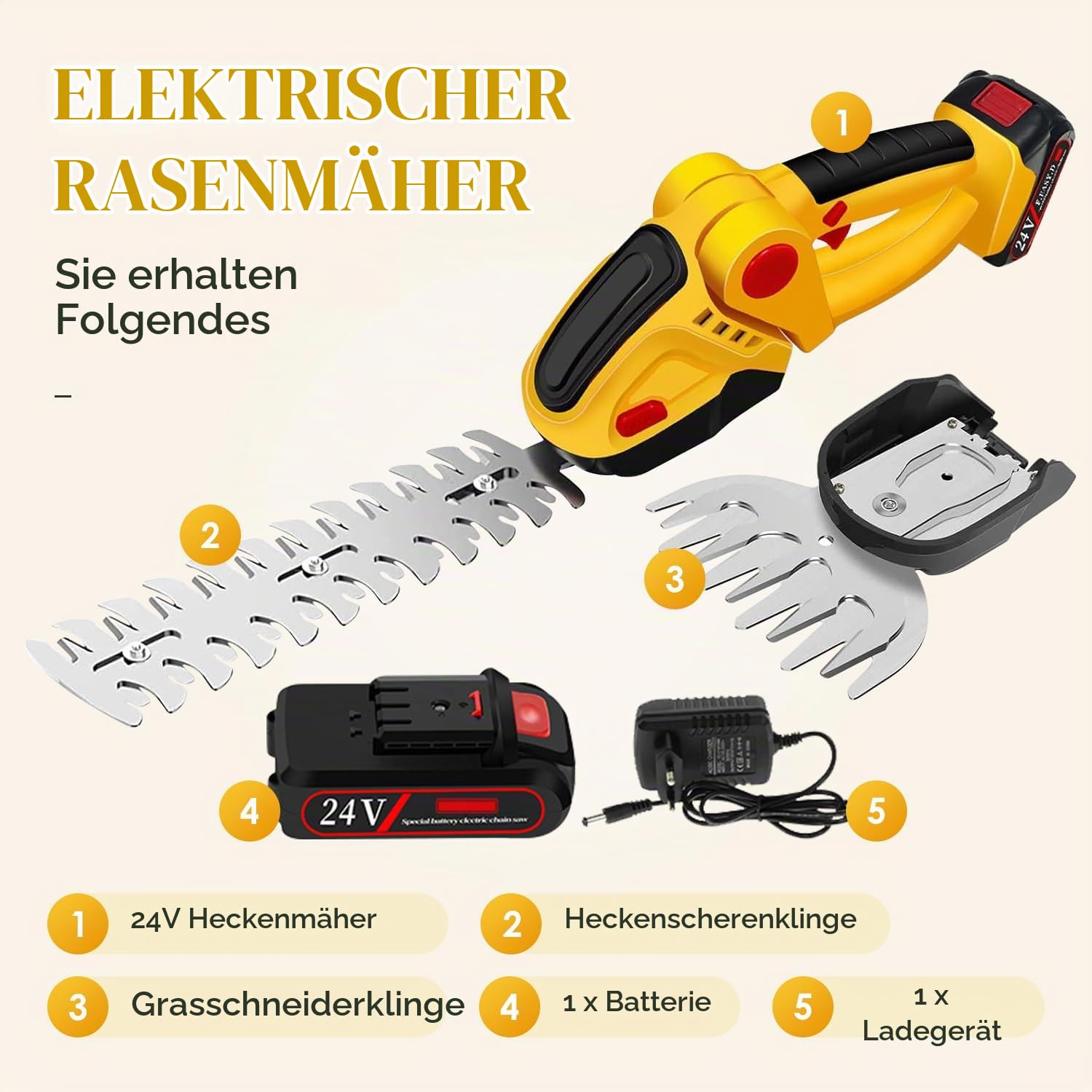 Heckenschere 24V 2 In 1 Schnurlose Akku Grasschere Mit Wiederaufladbarem Lithium-Ion Akku Und Ladegerät, Tragbare Gras Und Strauchschere Für Garten Rasen