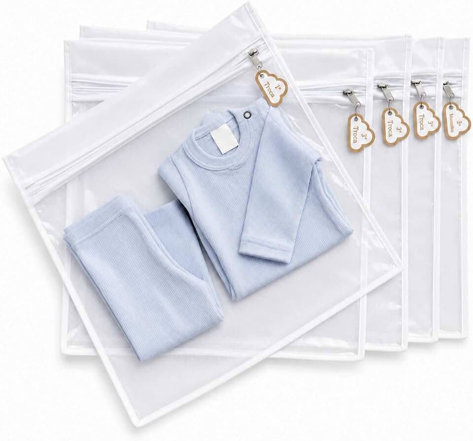 Kit 6 Saquinhos Organizadores Mala Maternidade com Tag PVC Bebê (Branco)