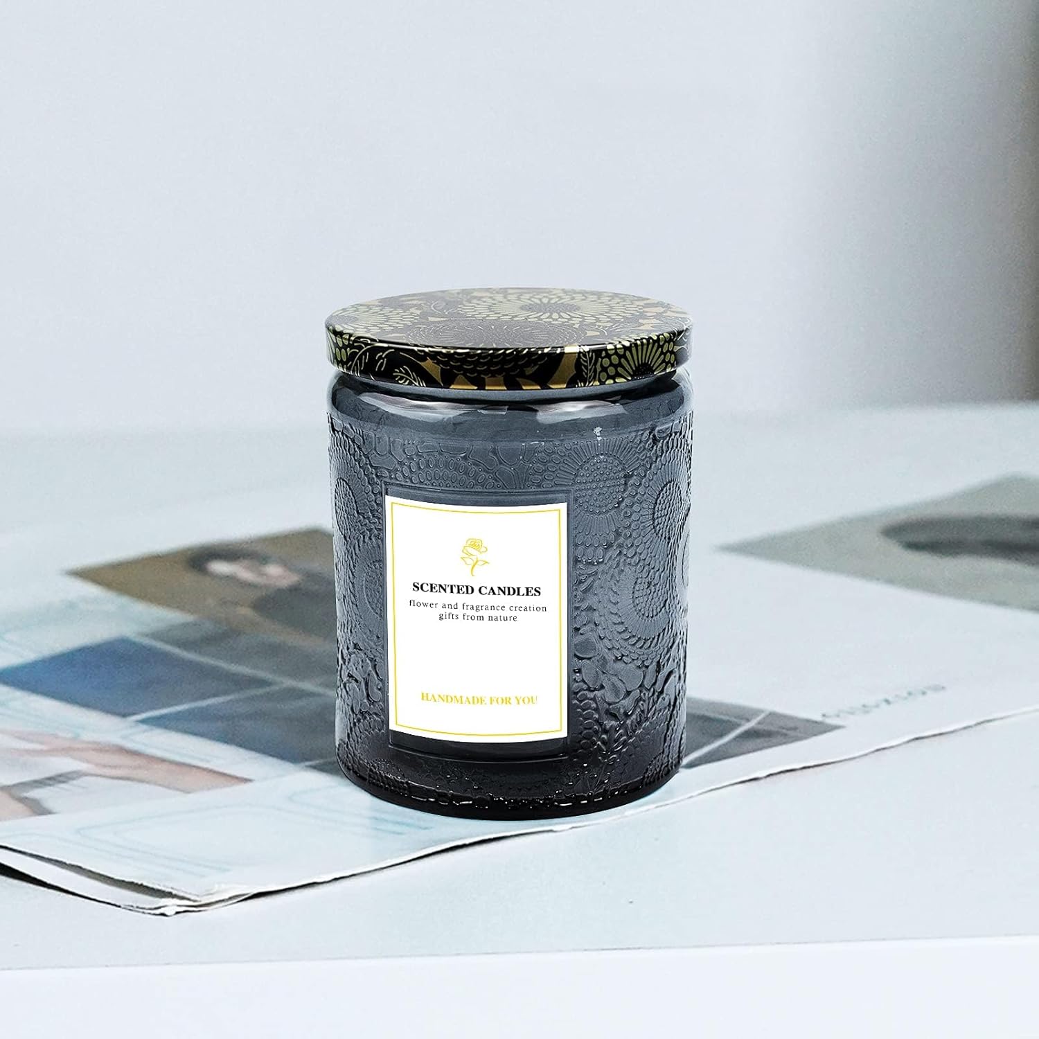 8.8OZ, 9 Pack Embossed Candle Jars for Making Candles, Empty Glass Containers with Tin Lids and Sticker Label, Warning Label for Candle Making Candle DIY Craft (Grey)