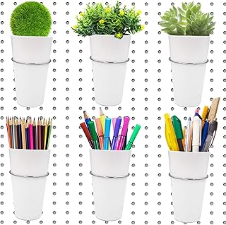 FOVERN1 6 Sets Pegboard Bins with Rings, Pegboard Accessories Cups Holder, Ring Style Pegboard Hooks with Pegboard Cups for Art and Craft Supplies Storage (White)