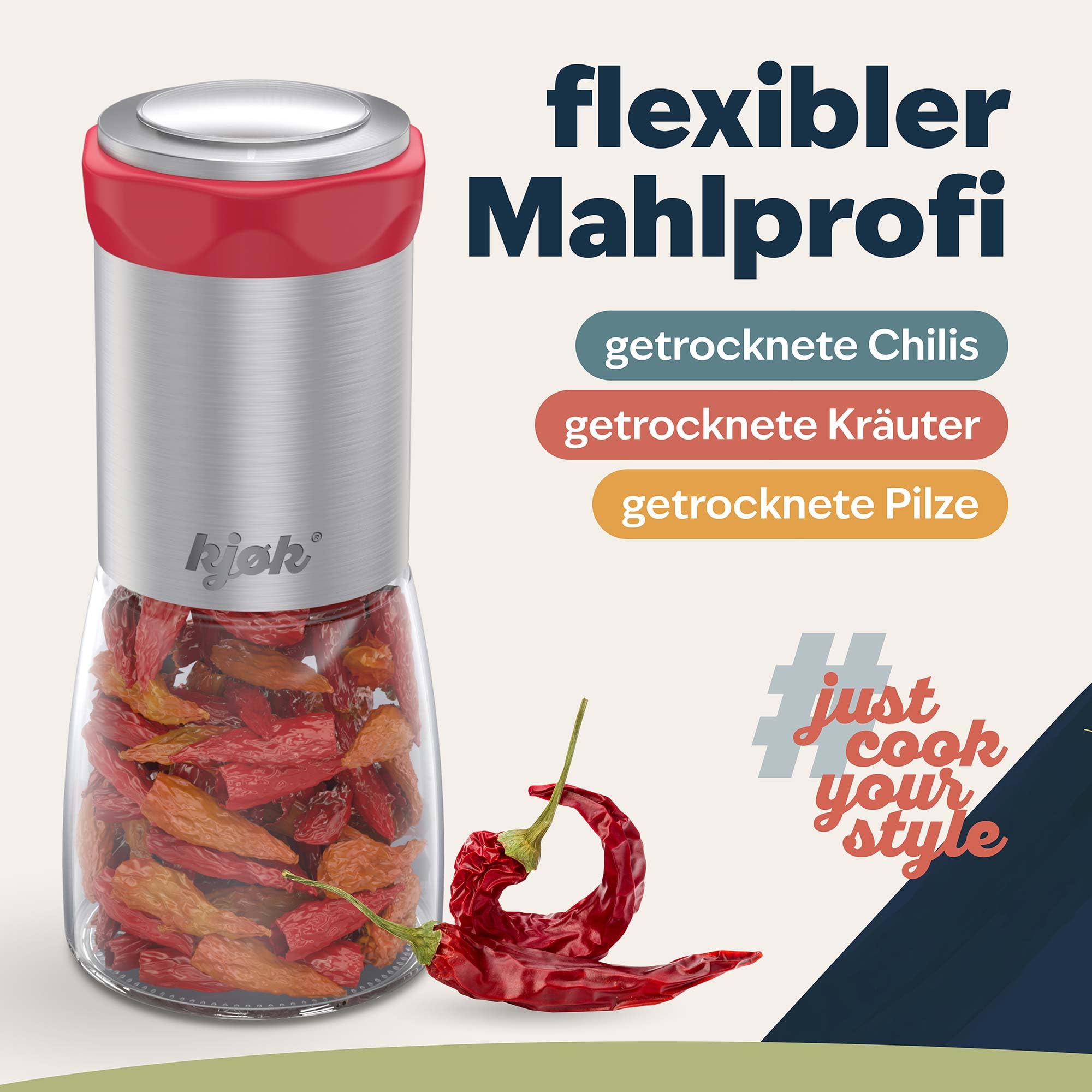 kjøk Młynek do chili 100 ml, stal i szkło – młynek do przypraw | Ręczny młynek do chili ze stalowym mechanizmem tnącym i szklanym pojemnikiem – z pokrywką chroniącą zawartość