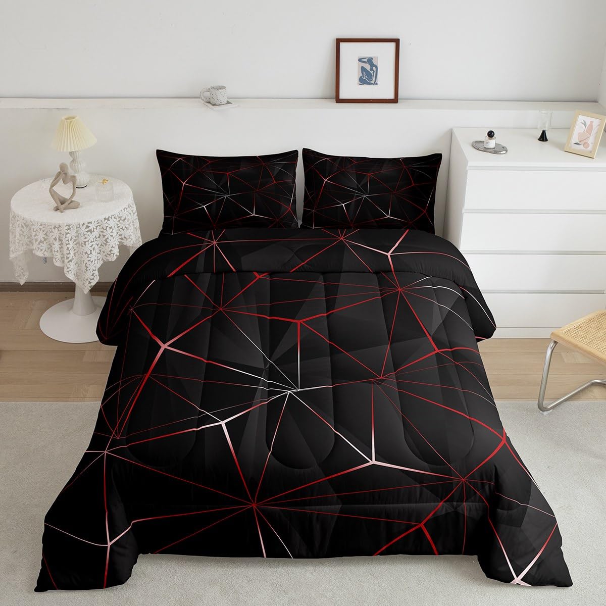 Erosebridal Black Red Geometric Comforter Set, Irregular Diamond Pattern Bedding Set Queen Size for Kids Boys Teens Adult Bedroom Decor, Triangle
