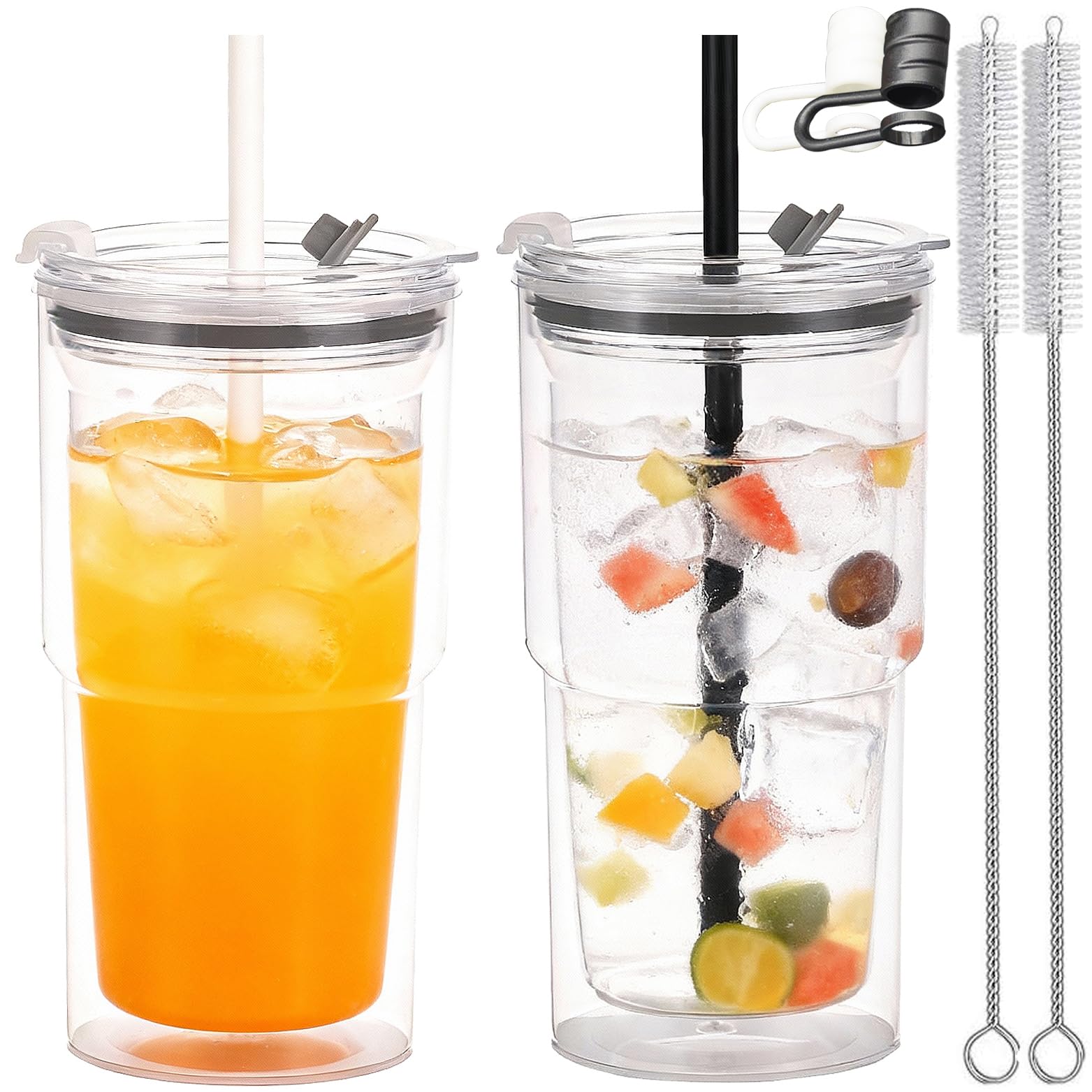 CuppaLifes 510ml Plastic Cups with Lids and Straws, Double Wall Reusable Coffee Cup, Translucent Travel Mug for Hot Drinks (2, White, Black)