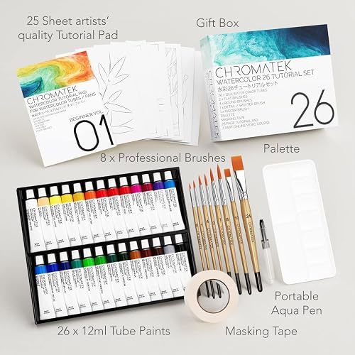 Watercolor Paint Set | 62 Piece Kit | With Video Tutorial Course | Adults, Kids, Beginner & Professional Artists | Paper, 8 Brushes, Palette, Aquapen, Masking Tape | 12Ml Watercolor Tubes #TOP1